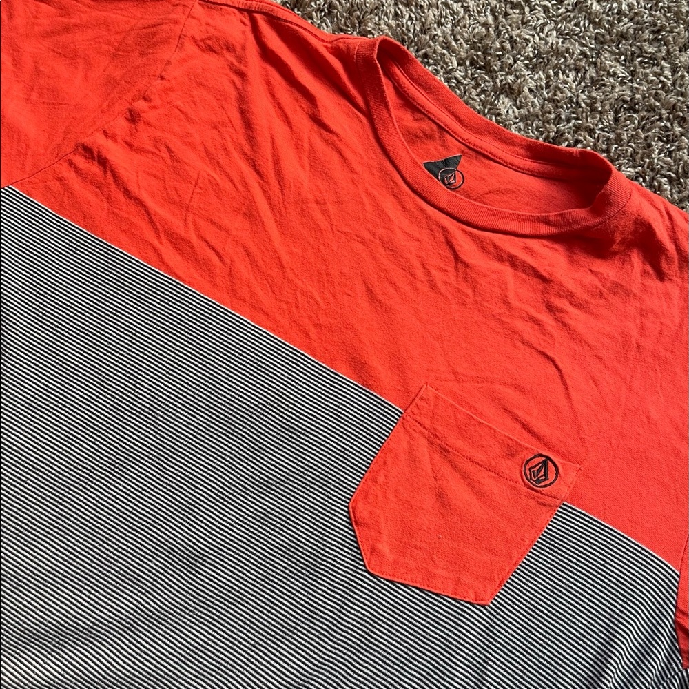 Volcom orange and b/w stripe pocket tee
